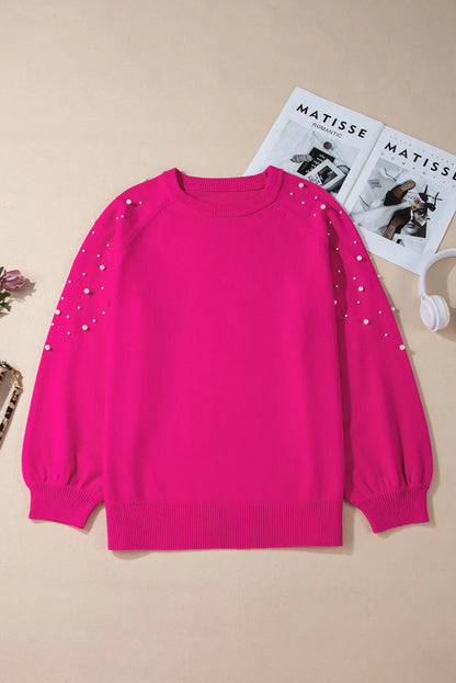 Strawberry Pink Pearled Decor Raglan Sleeve Plus Size Sweater - Chic Meadow Boutique 