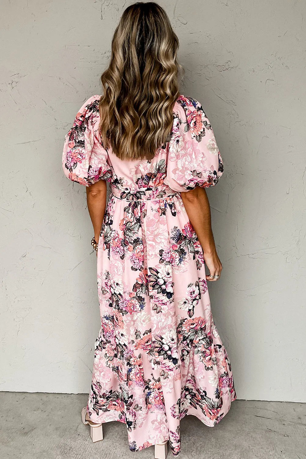 Pink Floral Puff Sleeve High Waist Maxi Dress - Chic Meadow Boutique 