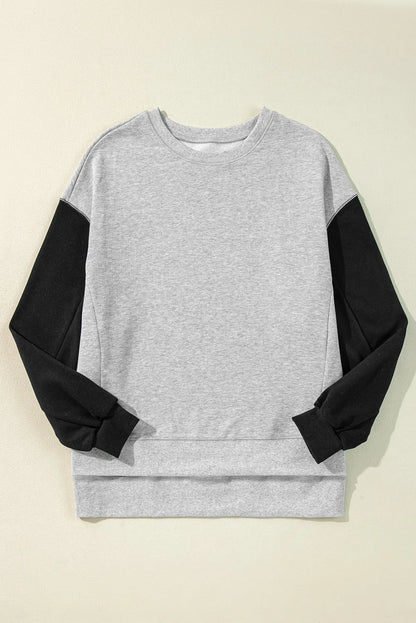 Gray Two Tone Patchwork Drop Shoulder Pullover Sweatshirt - Chic Meadow Boutique 