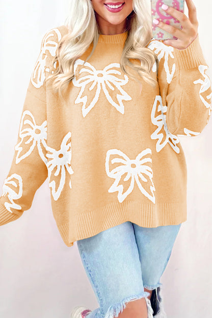 Golden Fleece Bow Pattern Drop Shoulder Loose Sweater