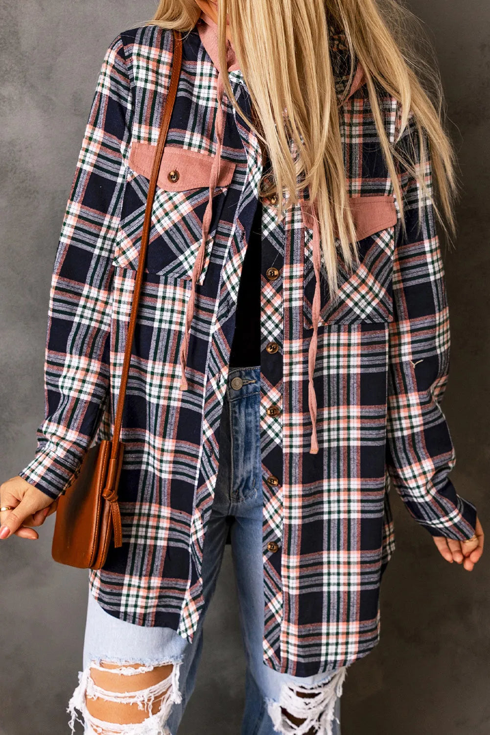 Pink Contrast Hooded Drawstring Plaid Shacket - Chic Meadow Boutique 