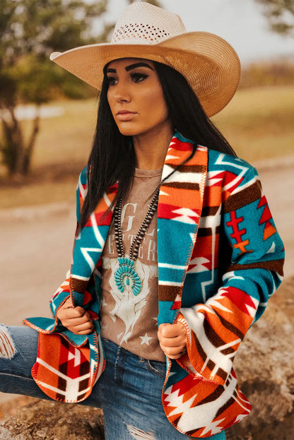 Sky Blue Aztec Printed Lapel Bell Sleeve Jacket - Chic Meadow Boutique 