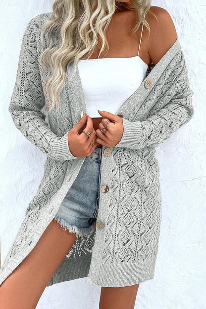 Gray Hollow Out Buttons Front Long Cardigan - Chic Meadow Boutique 