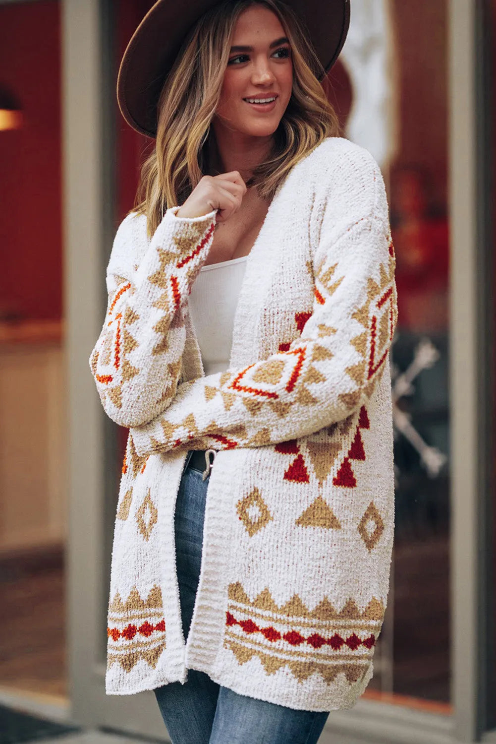 White Aztec Pattern Open Knitted Cardigan - Chic Meadow Boutique 