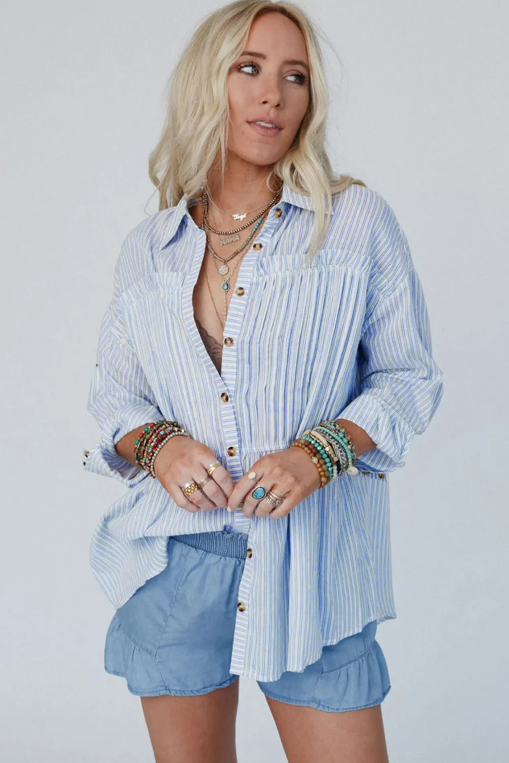 Sky Blue Stripe Striped Buttoned up Long Sleeve Shirt - Chic Meadow Boutique 