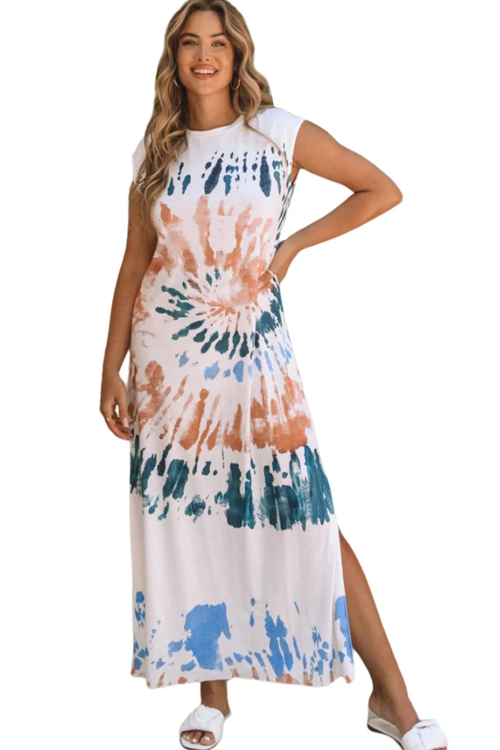 White Cap Sleeve Tie Dye Long Slit Dress - Chic Meadow Boutique 