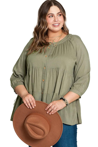 Plus Size/Plus Size Tops/Plus Size Blouses & Shirts Green Plus Size Ruffle Tiered Split Neck Shirt