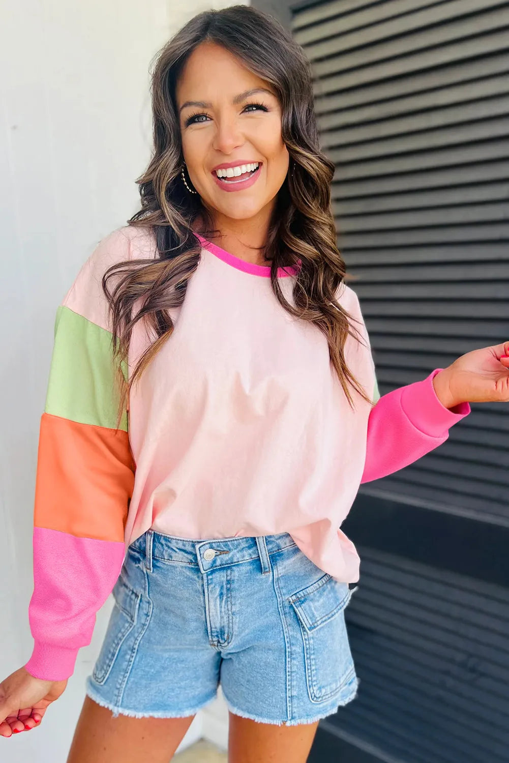 Pink Colorblock Patchwork Long Sleeve Loose Top - Chic Meadow Boutique 