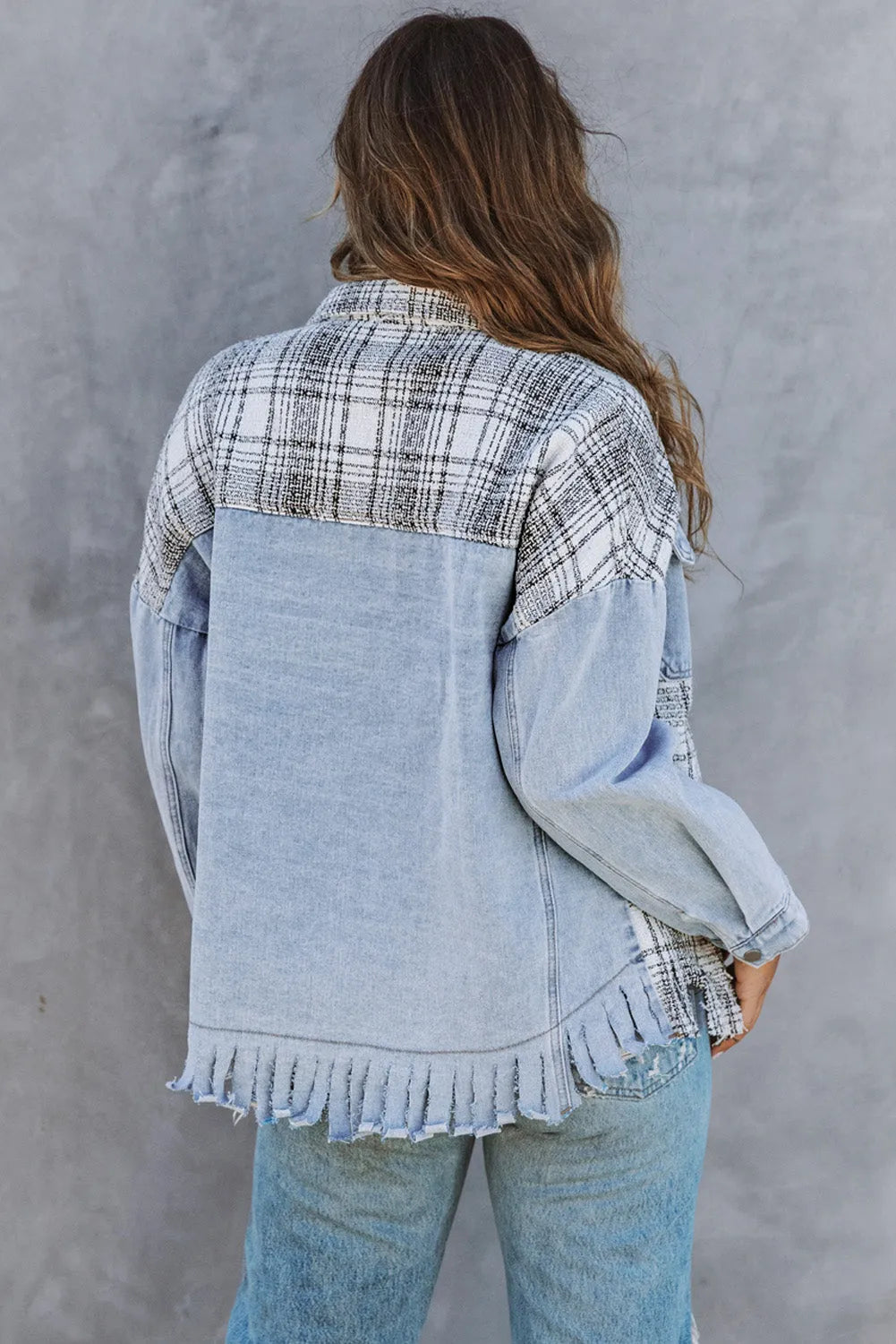 Sky Blue Plaid Patchwork Fringed Flap Pockets Denim Jacket - Chic Meadow Boutique 