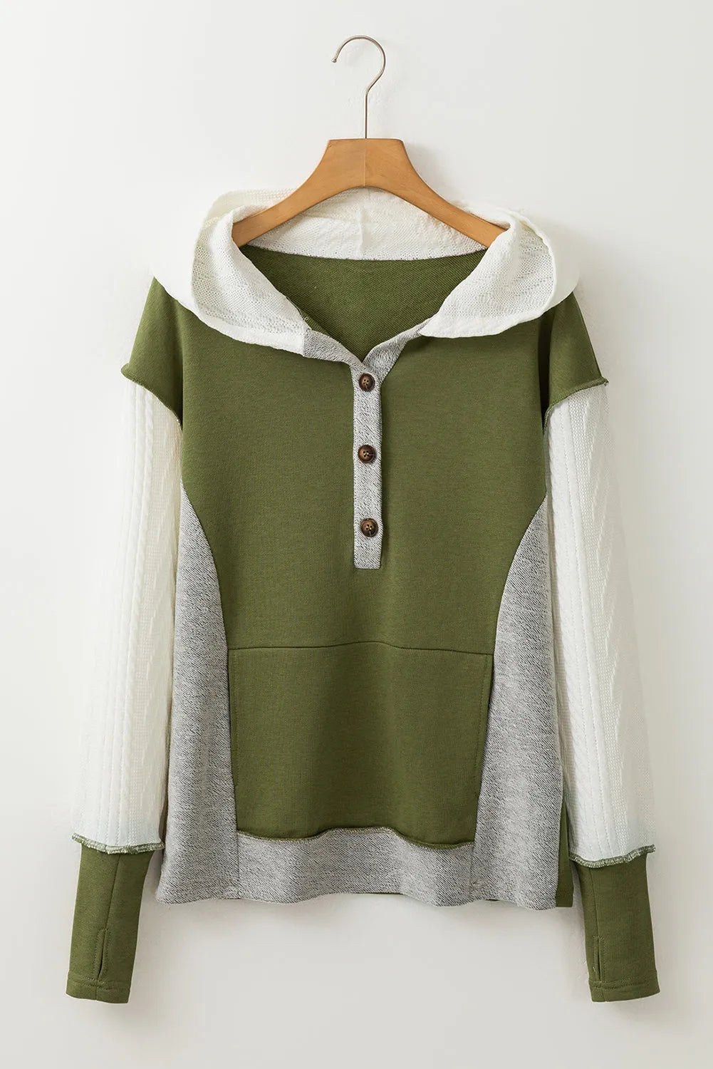 Jungle Green Color Block Textured Buttoned Kangaroo Pocket Hoodie - Chic Meadow Boutique 