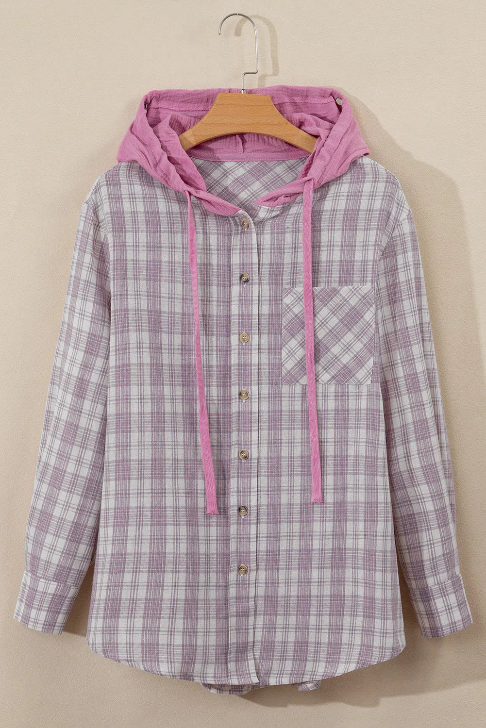 Outerwear/Plaid Shackets Pink Checkered Print Loose Fit Buttoned Hooded Shacket