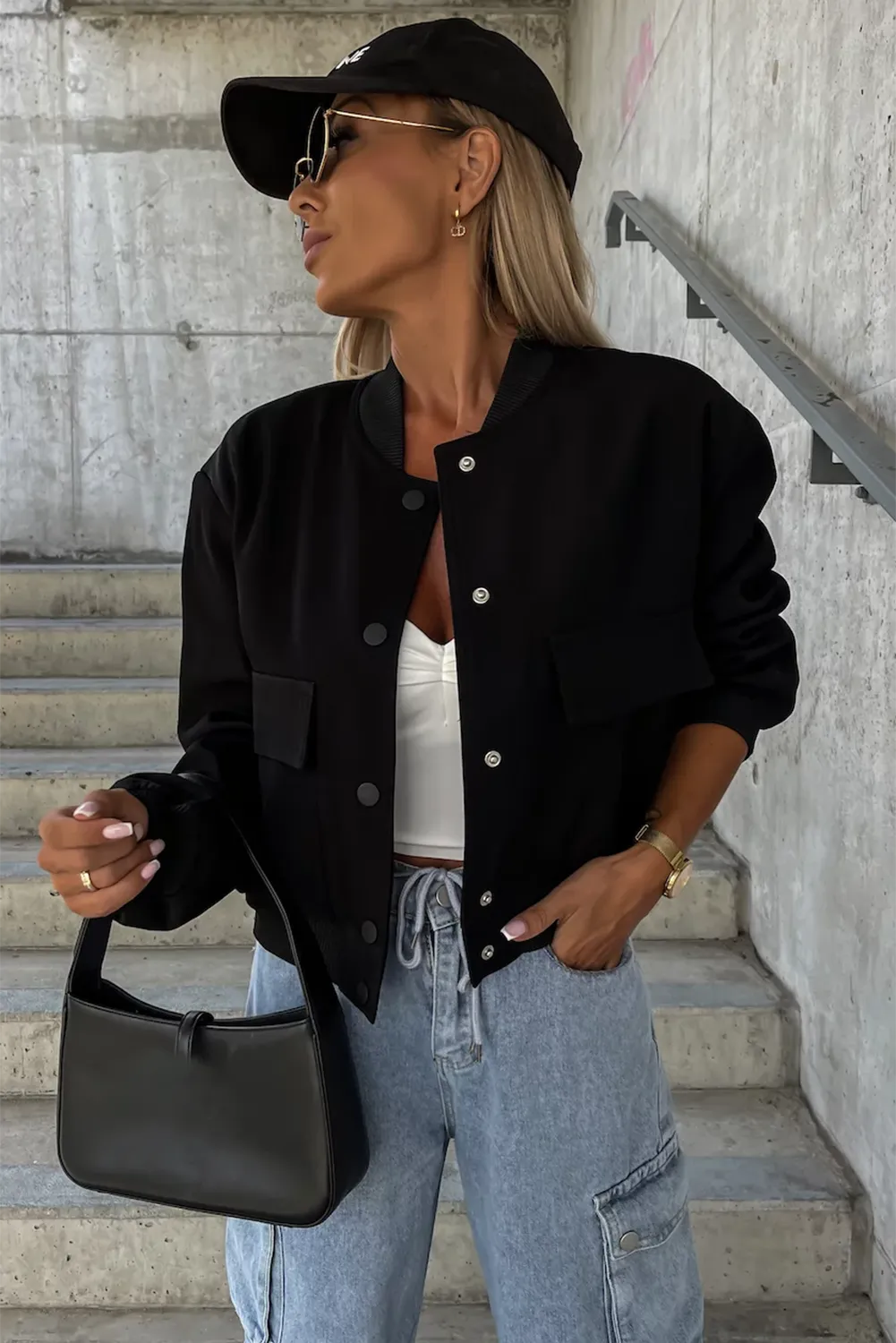 Black Big Pockets Baseball Collar Jacket - Chic Meadow Boutique 