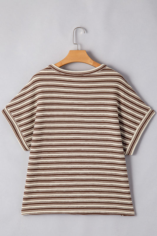 Brown Stripe Textured Side Slits Crew Neck T Shirt