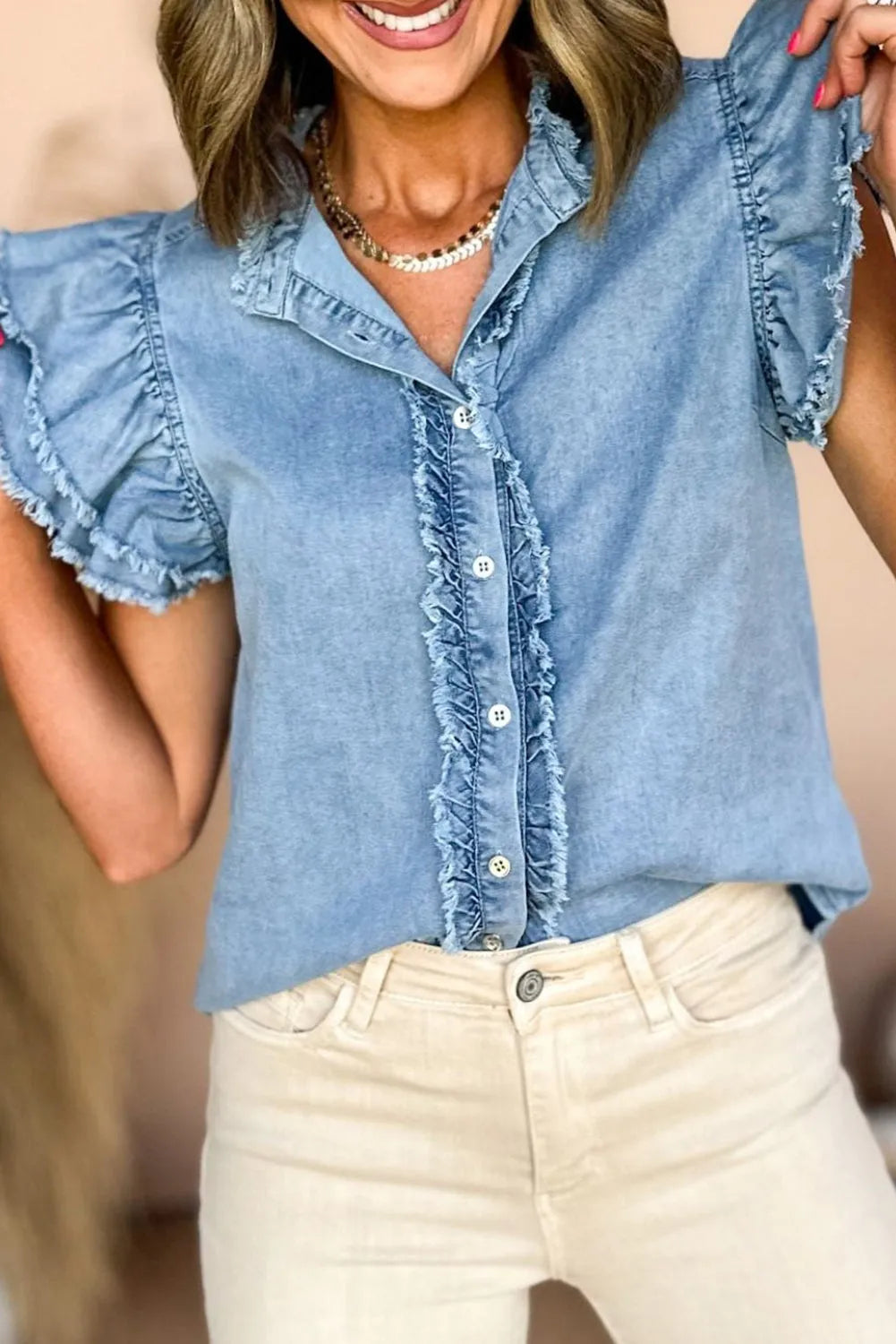 Beau Blue Button Front Ruffled Flutter Frayed Denim Top - Chic Meadow Boutique 