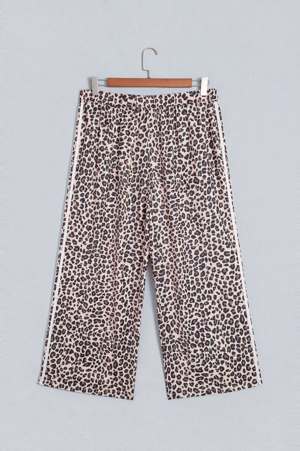 Beige Plus Size Leopard Print Side Stripes Detail Casual Pants