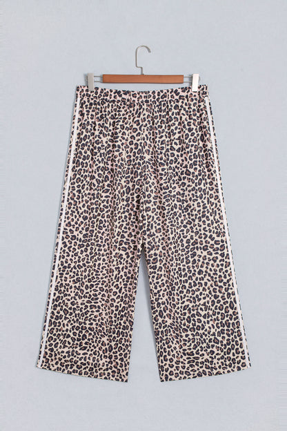 Beige Plus Size Leopard Print Side Stripes Detail Casual Pants