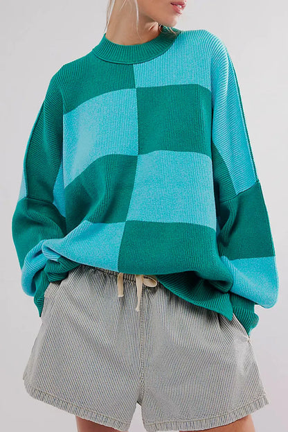 Green Checkered Side Slits Drop Shoulder Oversized Sweater - Chic Meadow Boutique 