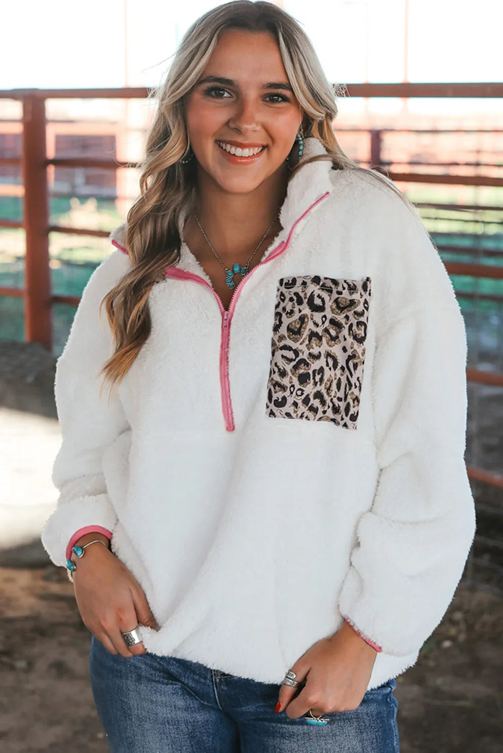 White Leopard Patch Pocket Half Zipped Fleece Sweatshirt - Chic Meadow Boutique 