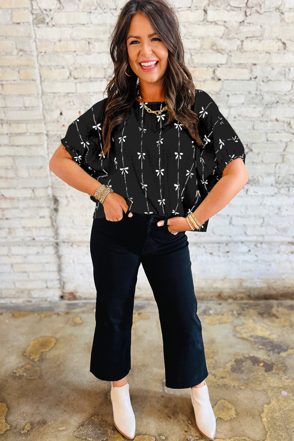 Black Bow Print Puff Short Sleeve Top