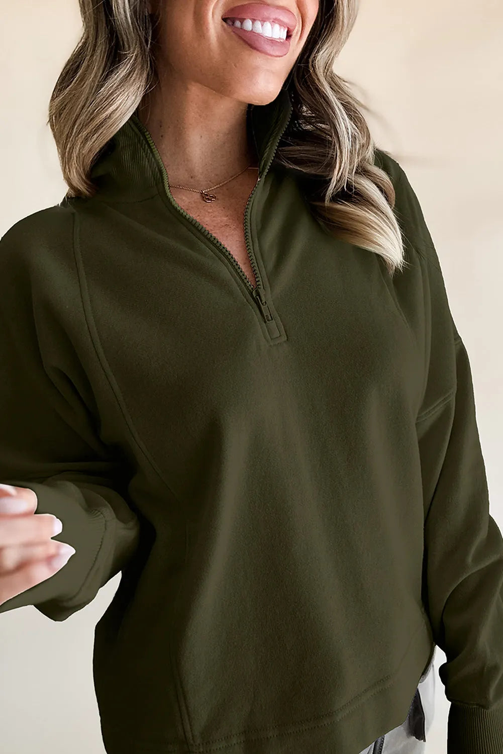 Jungle Green Zipped Neck Pullover Drop Shoulder Sweatshirt - Chic Meadow Boutique 