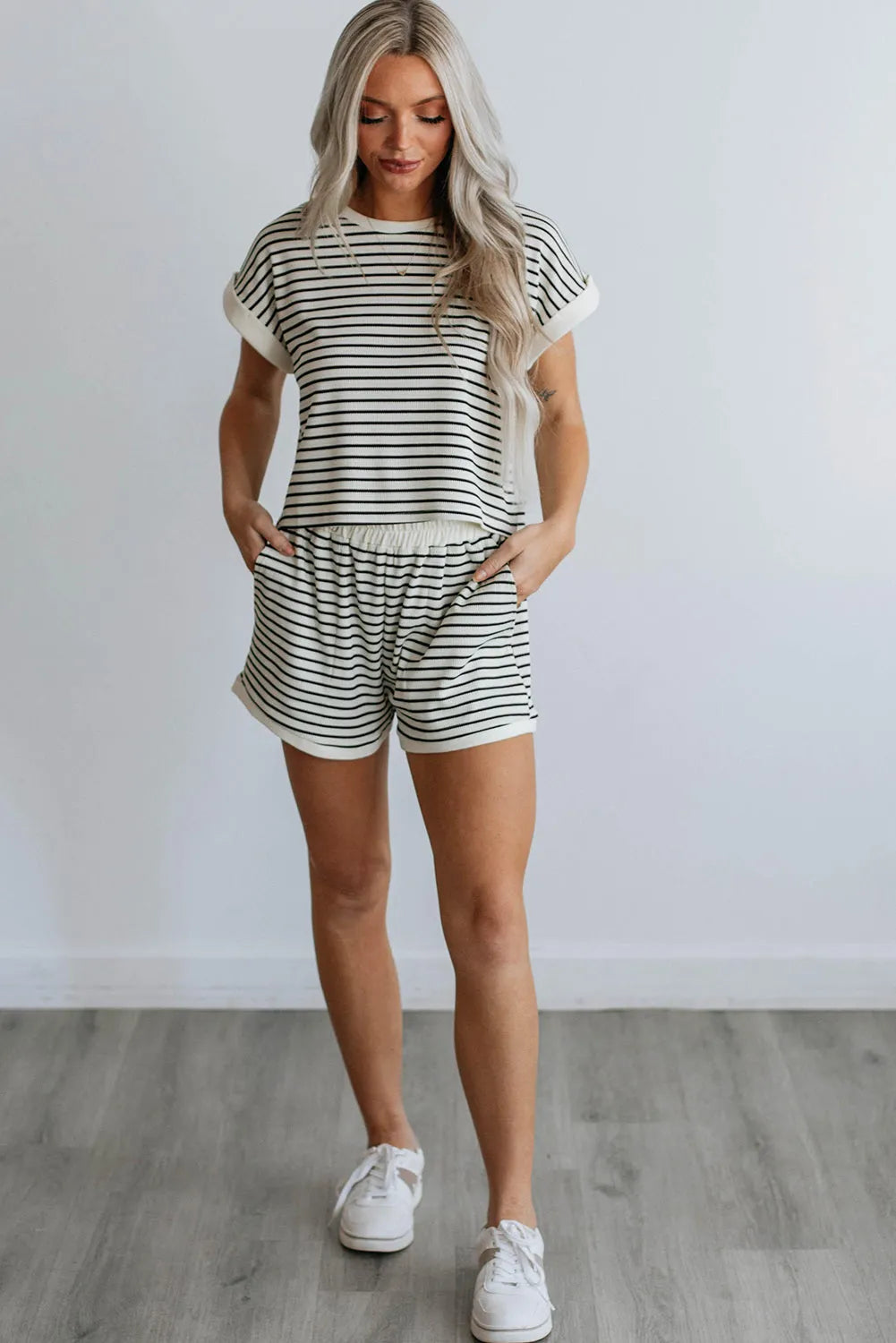 White Stripe Contrast Edge Tee and Shorts Set - Chic Meadow Boutique 