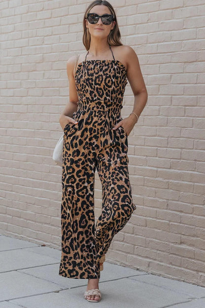 Leopard Print Halter Neck Backless Wide Leg Jumpsuit - Chic Meadow Boutique 