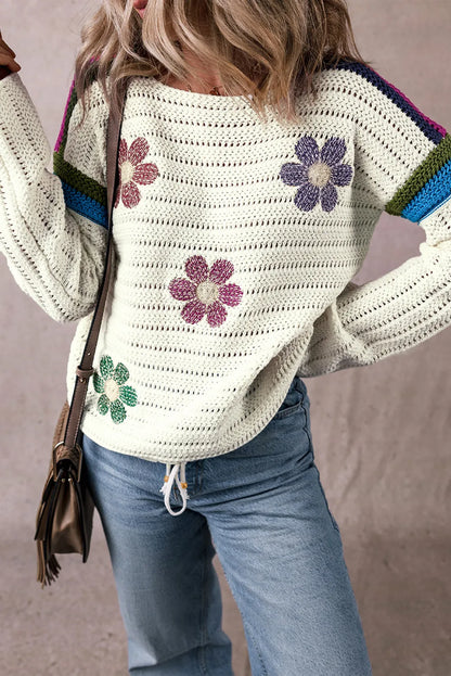 White Daisy Flower Pointelle Knit Sweater - Chic Meadow Boutique 