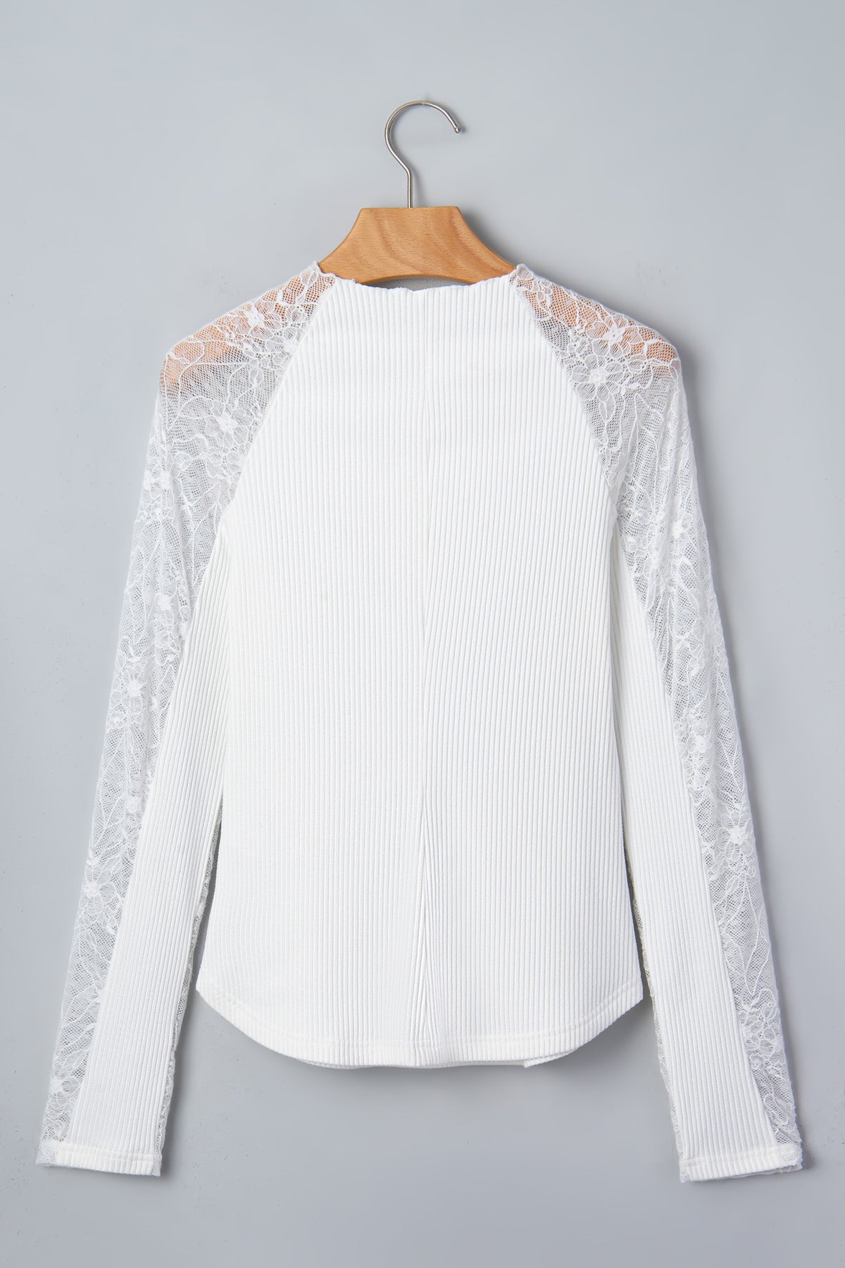 Beige Sheer Lace Long Sleeve Ribbed Slim Top