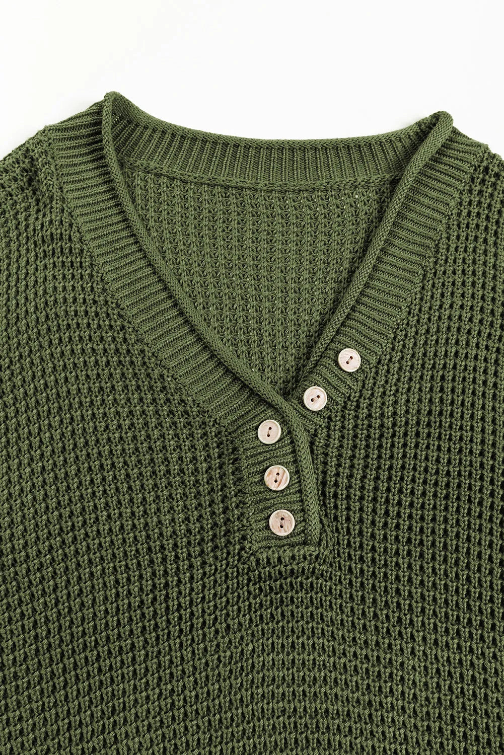 Pickle Green Pointelle Knit Button V Neck Drop Shoulder Sweater - Chic Meadow Boutique 