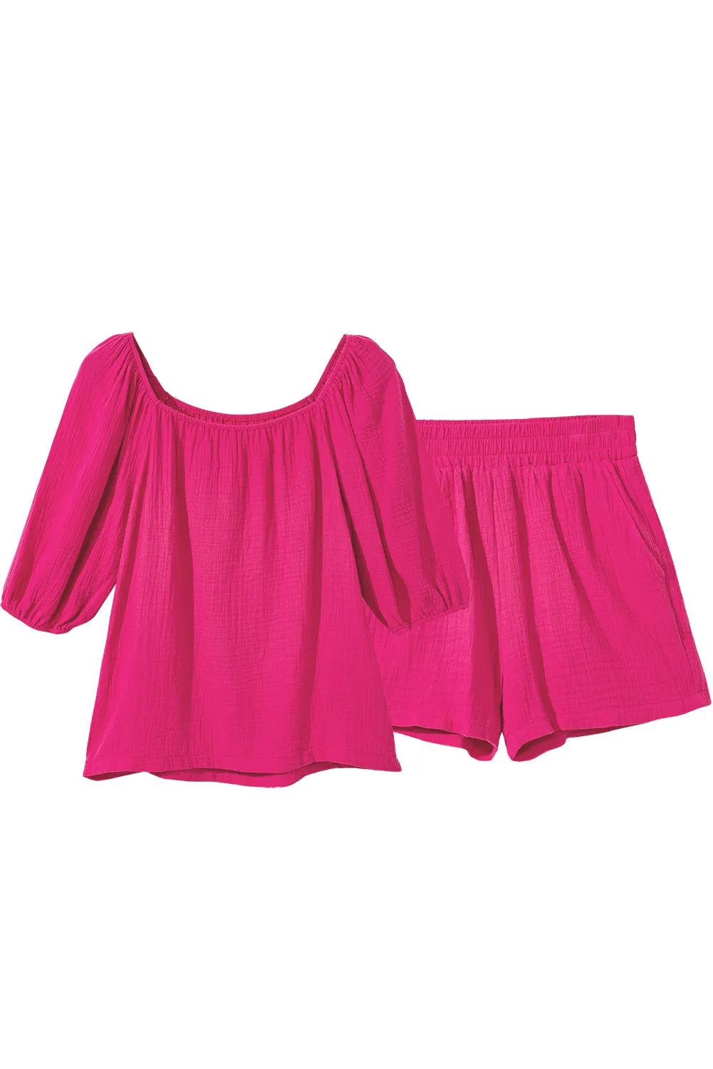 Bright Pink Crinkled Textured Square Neck Puff Sleeve and Shorts Set - Chic Meadow Boutique 