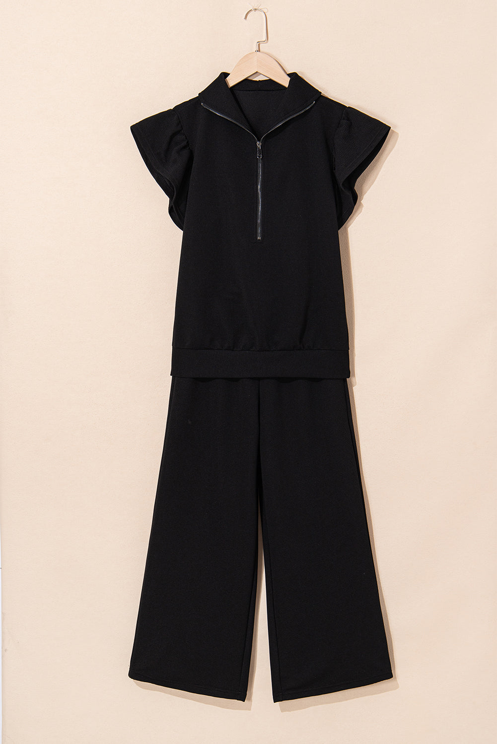 Black Textured Ruffled Sleeve Zipped Top and Wide Leg Pants Set