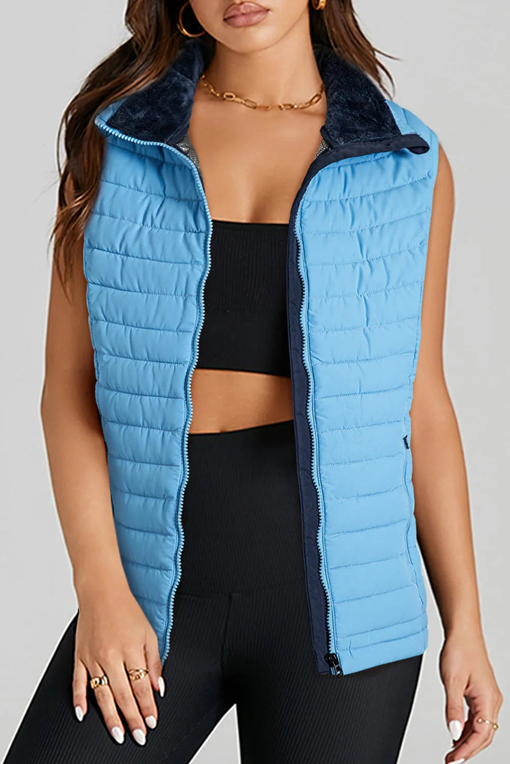 Sky Blue Plush Collared Quilted Zipped Puffer Vest - Chic Meadow Boutique 