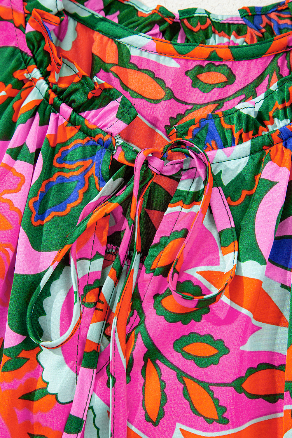 Rose Summer Plant Print Lace up V Neck Short Sleeve Blouse