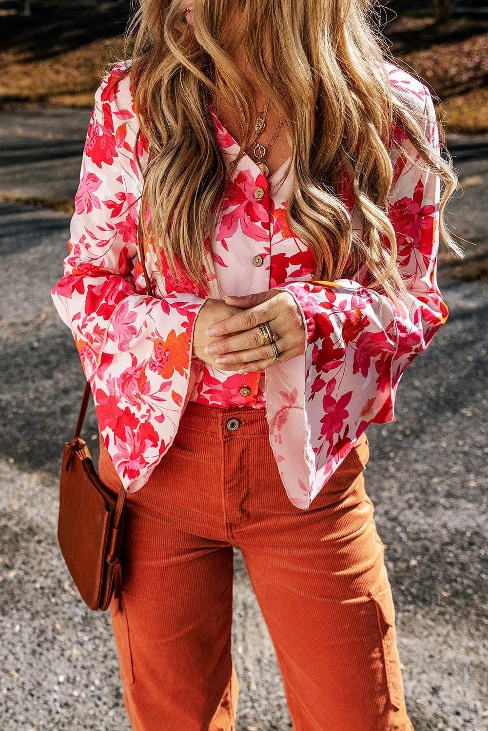 Tops/Bodysuits Pink Floral Print Tiered Bell Long Sleeve Buttoned Bodysuit