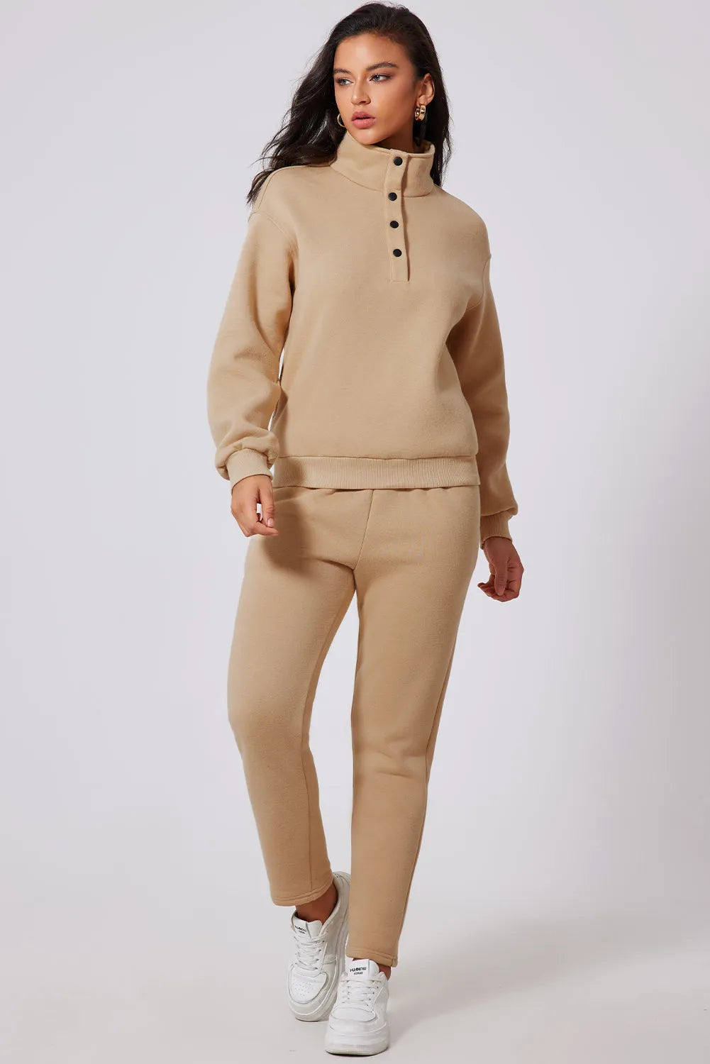 Parchment Solid Half Button Sweatshirt and High Waist Sweatpants Set - Chic Meadow Boutique 