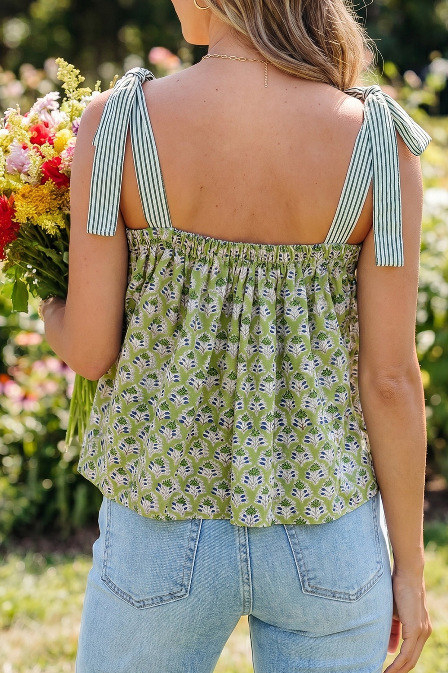 Green Fashion Printed Knot Straps Babydoll Tank Top
