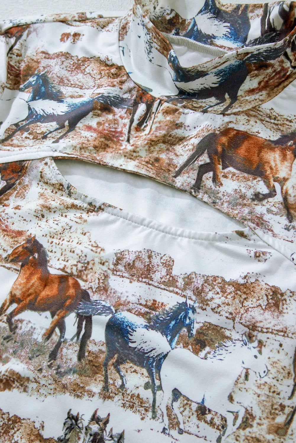 Brown Western Wild Horses Print Hollow-out High Neck Top - Chic Meadow Boutique 