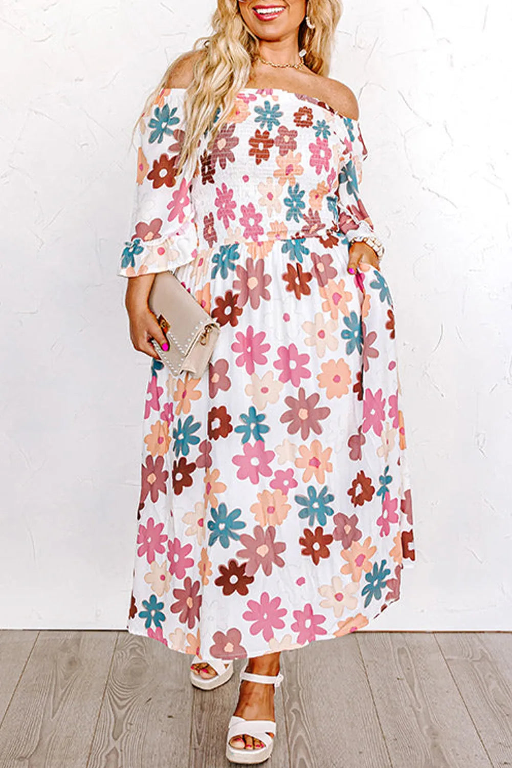 White Plus Size Flower Print Smocked Off Shoulder Dress - Chic Meadow Boutique 