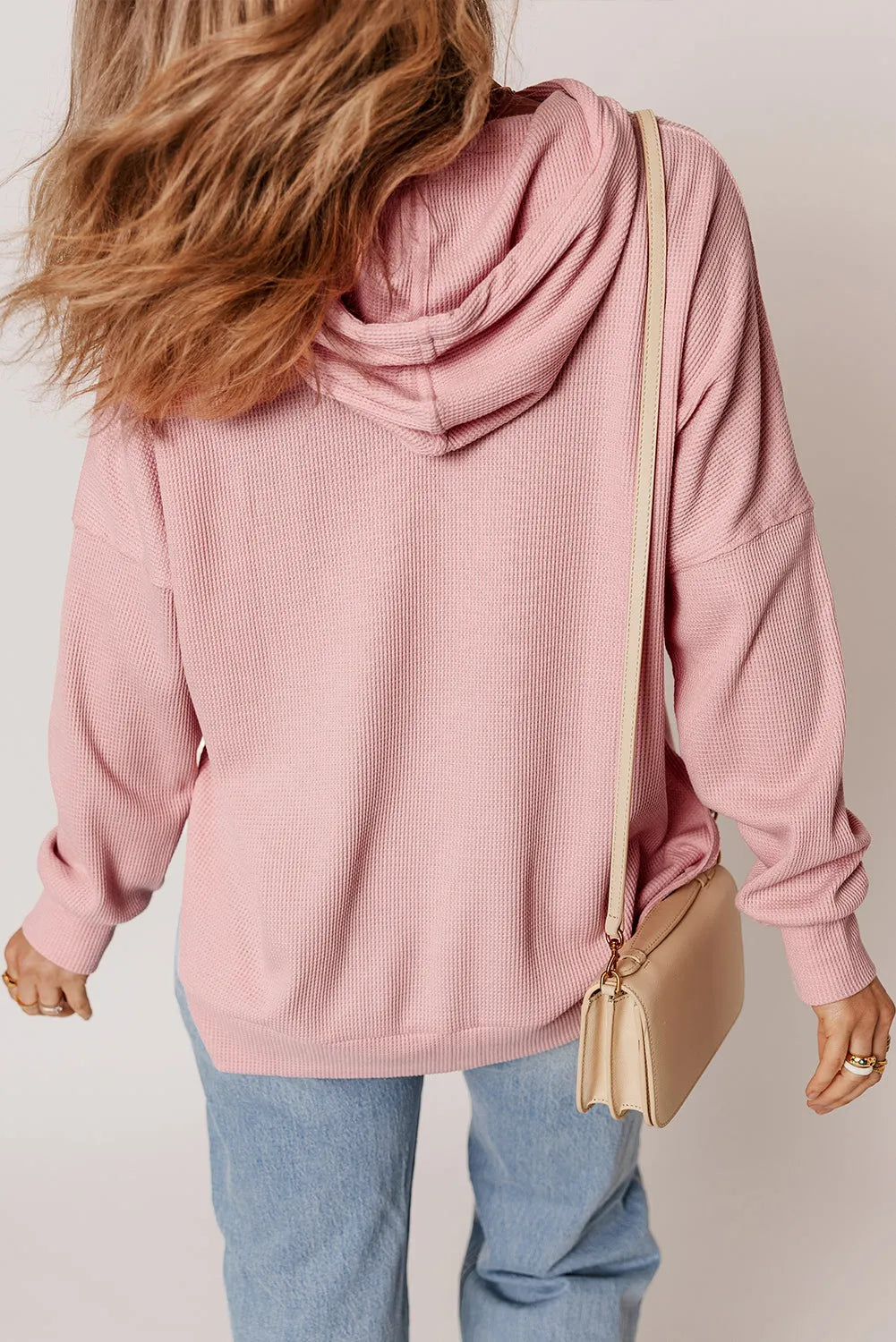 Light Pink Waffle Knit Fleece Lined High Low Oversized Hoodie - Chic Meadow Boutique 