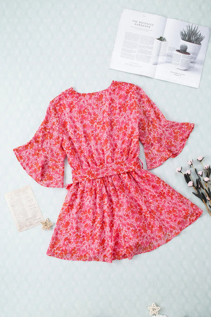 Pink V Neck Ruffled Sleeve Floral Romper - Chic Meadow Boutique 