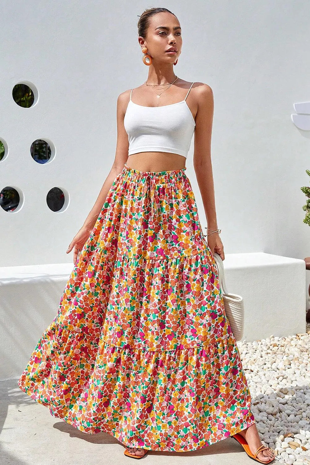 Yellow Boho Floral Print Tiered Long Skirt - Chic Meadow Boutique 