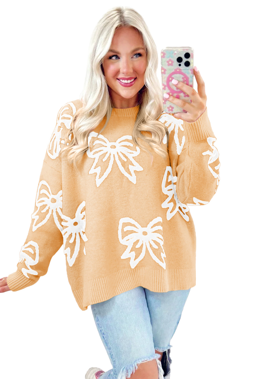 Golden Fleece Bow Pattern Drop Shoulder Loose Sweater