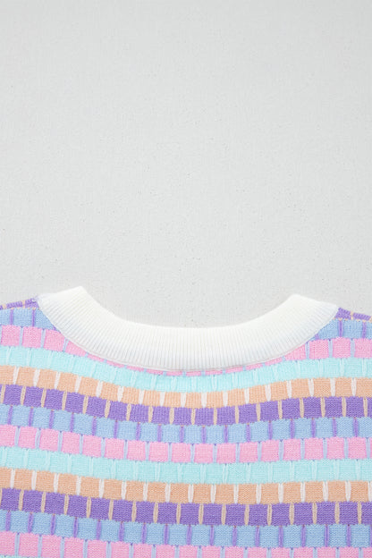 Purple Abstract Striped Knit Short Sleeve Sweater