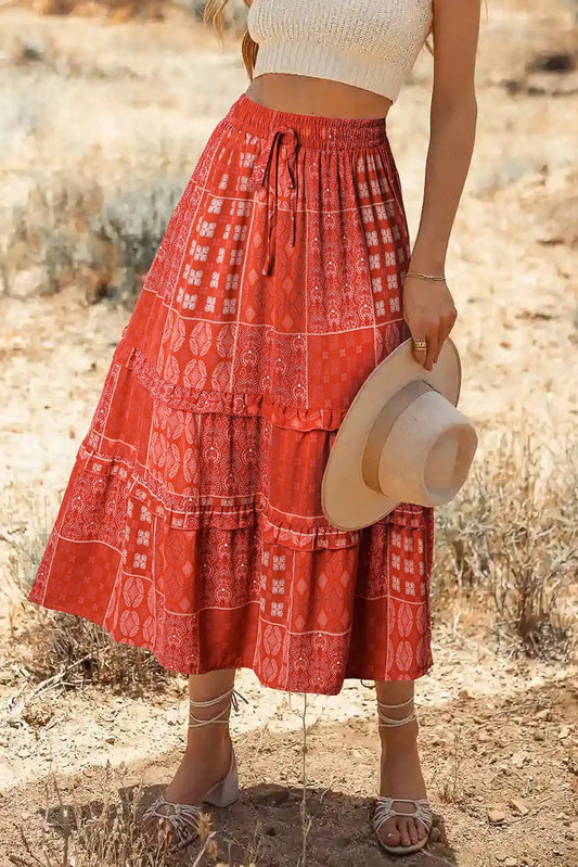 Fiery Red Bohemian Mix Print Long Flared Skirt - Chic Meadow Boutique 