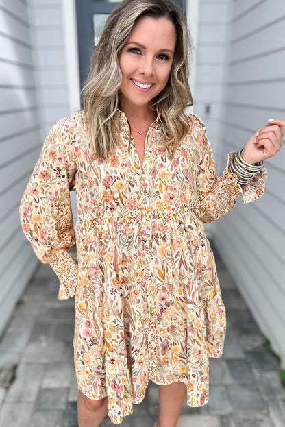 Yellow Floral Print Frilly Trim Smocked Cuff Long Sleeve Loose Shirt Dress