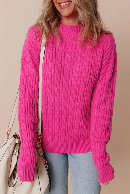 Rose Red Solid Cable Knit High Neck Drop Shoulder Sweater - Chic Meadow Boutique 