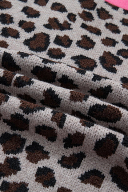 Khaki Oversize Color Block Trim Button Down Leopard Print Cardigan