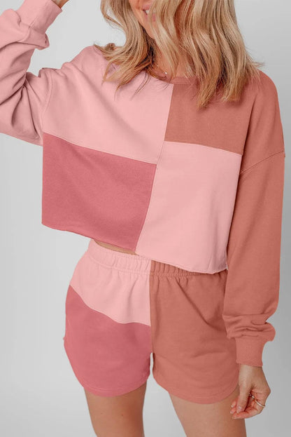 Two Piece Sets/Short Sets Peach Blossom Colorblock Patchwork Long Sleeve Shorts Outfit