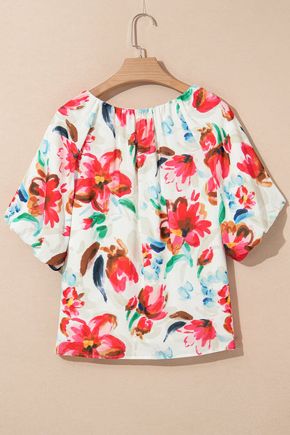 White Floral Print Puffy Half Sleeve Blouse