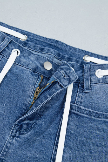 Beau Blue Solid Patchwork Grommet Tie Waist Loose Ankle-Length Jeans